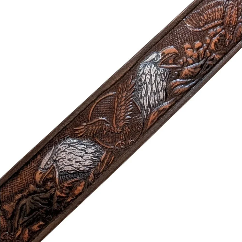 Brown leather tooled eagle belt cow hide western cowboy rodeo festival